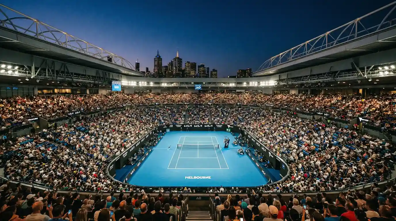 Guía de apuestas Australian Open 2026 - Melbourne Park iluminado durante la sesión nocturna