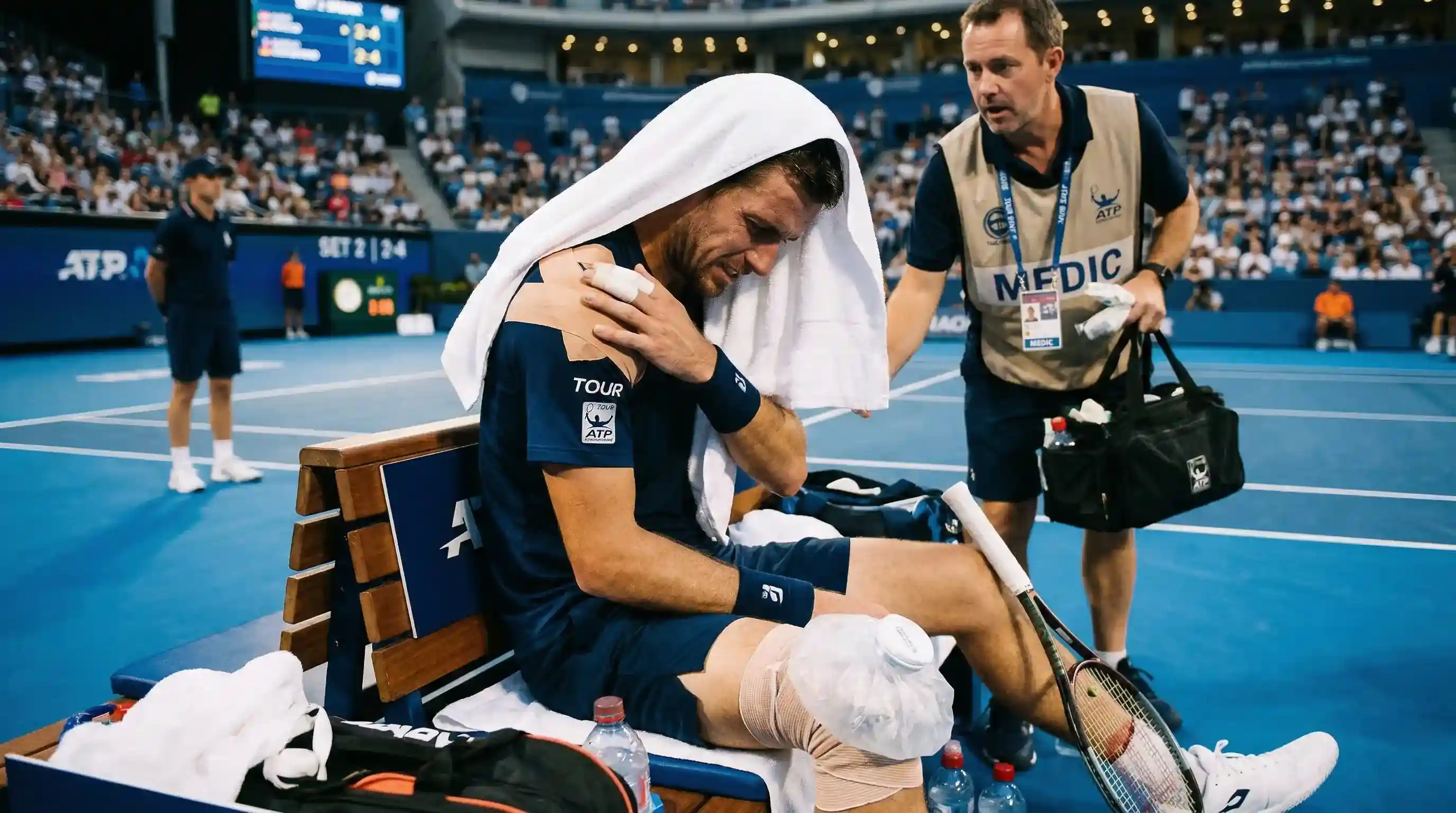 Jugador de tenis retirándose de un partido por lesión